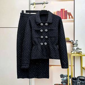 디자이너 가을 더블 브레스트 다이아몬드 크리스탈 구슬 니트 가디건 자켓 미디 롱 펜슬 스커트 여성 투피스 세트