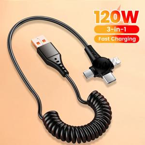 iPhone Huawei Xiaomi 초고속 충전 스프링 개폐식 데이터 케이블 용 120W 3-in-1 휴대 전화 고속 충전 데이터 케이블