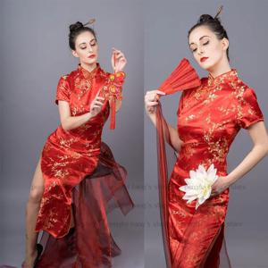 레드 중국 새해 Chesongam 긴 분할 베스티도스 축제 파티 원피스, 여성 전통 만다린 칼라 치파오 반팔 한푸