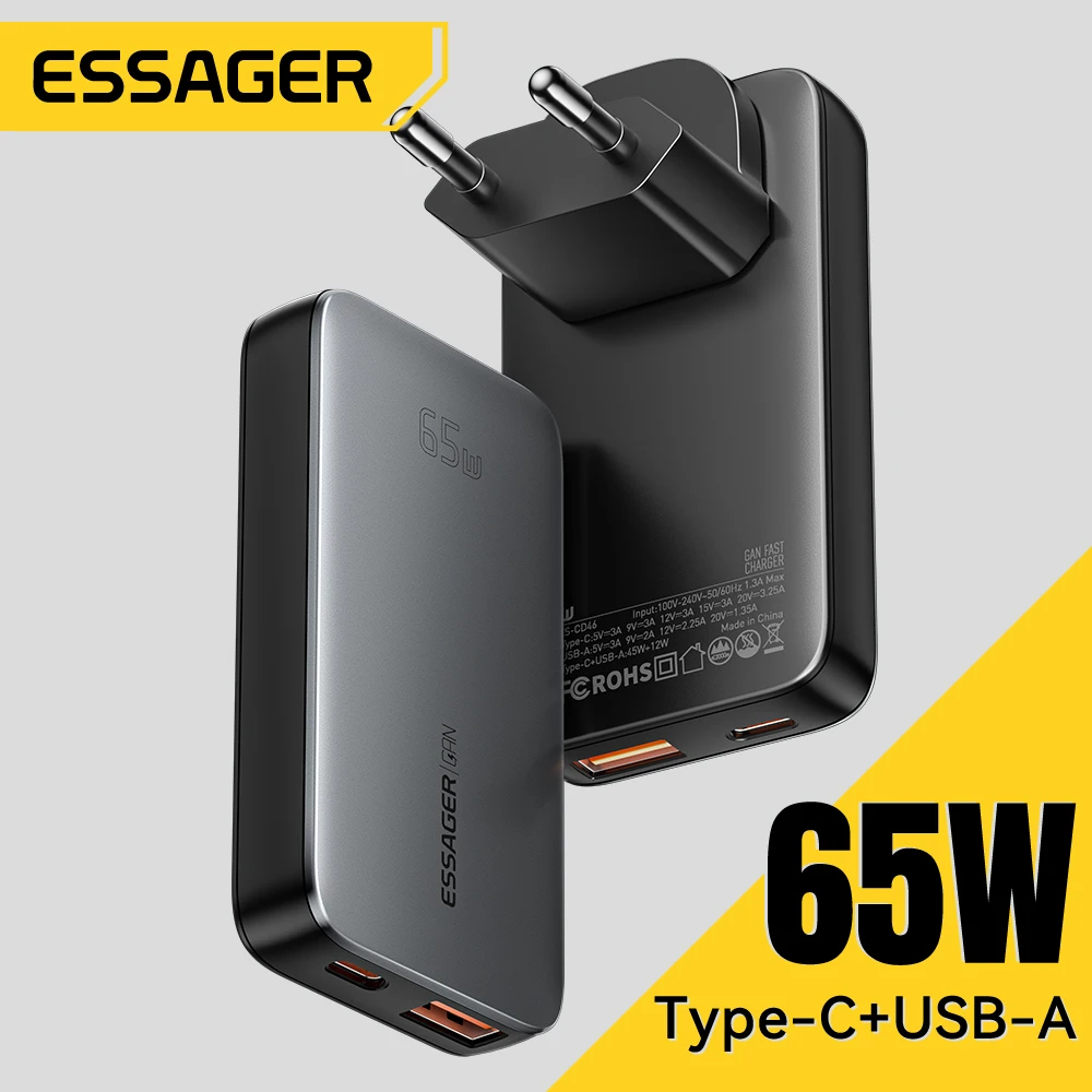 Essager 초박형 65W GaN 여행용 충전기 빠른 충전 4.0 PD3.0 PPS iPhone 용 휴대용 유형 C 충전기 Samsung Macbook 노트북