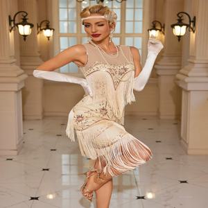 1920 년대 스타일 민소매 우아한 의상 성인 레트로 댄스 파티 자수 술 가운 장식 메쉬 페르시 스팽글 여성 드레스 2025