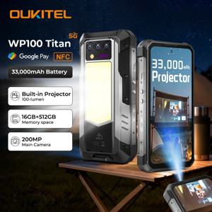 오키텔 WP100 타이탄 러기드 폰 33000mAh 66W 충전기 200MP 카메라 내장 프로젝터 캠핑 라이트 휴대폰, NFC 5G 스마트폰