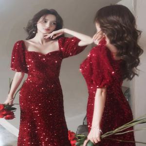 우아한 스팽글 이브닝 가운 여성 2023 새로운 스타일 연회 고급 럭셔리 호스티스 하이 웨이스트 벨벳 반팔 롱 드레스