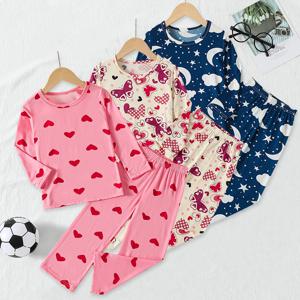 2/3피스 가을 겨울 아동용 긴팔 긴바지 홈웨어 남아 여아 재미있는 귀여운 프린트 잠옷