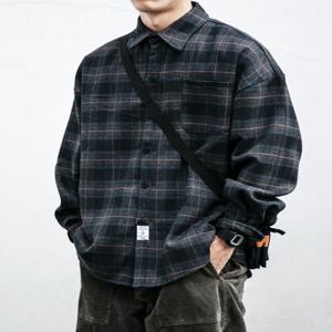 레트로 일본식 체크 무늬 셔츠 남성용 긴 소매 캐주얼 아우터 봄 가을 트렌디 브랜드 루즈핏 버튼 업 젊은 감각