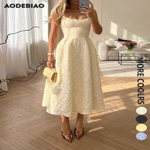 AODEBIAO 여성 여름 a 라인 드레스 민소매 오-넥 솔리드 맥시 드레스 패션 백리스 캐주얼 우아한 파티 스트랩 드레스 여성