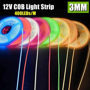 12V 3mm 초슬림 COB LED 라이트 스트립, 다채로운 색상 조절 가능, 고밀도 플렉시블 조명, 400LED, DIY TV 홈데코 램프용