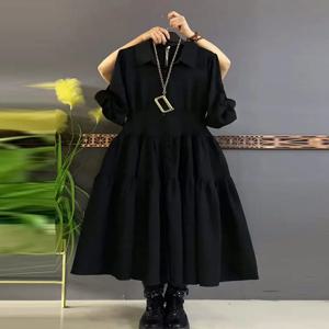 플러스 사이즈 롱 허리 조절 칼라 드레스 트렌디한 통근 스타일 슬리밍 블랙 스커트 플러스 사이즈 여성용 한국식 스트레이트 컷