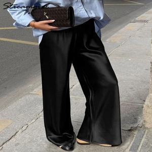 여성용 럭셔리 와이드 레그 새틴 팬츠, 포켓이 있는 블랙 여성용 바지, 브라운 하이웨이스트 배기 팬츠