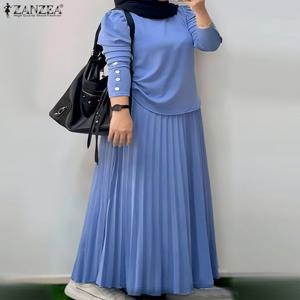 잔제아 무슬림 히잡 2피스 세트 플리츠 맥시 스커트와 러치드 롱 슬리브 블라우스 2피스 수트 이슬람 모던 의상 4가지 색상