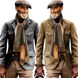 빈티지 영국식 헤링본 스포츠 코트 트위드 트위드 헌팅 캐주얼 스탠드 칼라 다중 포켓 재킷 남성용 두꺼운 블레이저