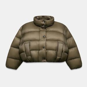 여성용 올리브 그린 퀼트 재킷 코트 스탠드 칼라 짧은 코트 패션 따뜻한 겨울 아우터웨어 여성 패션 하이 스트리트 의상