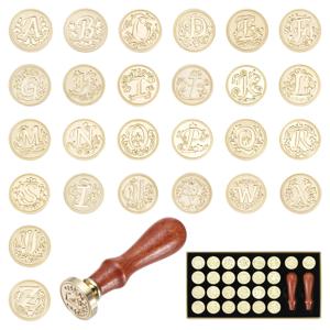 황동 레터 왁스 씰 스탬프 헤드 & 2개 인체공학적 손잡이 키트 26개 맞춤형 A-Z 식물 잎 모노그램 왁스 씰링 세트 (봉투용)