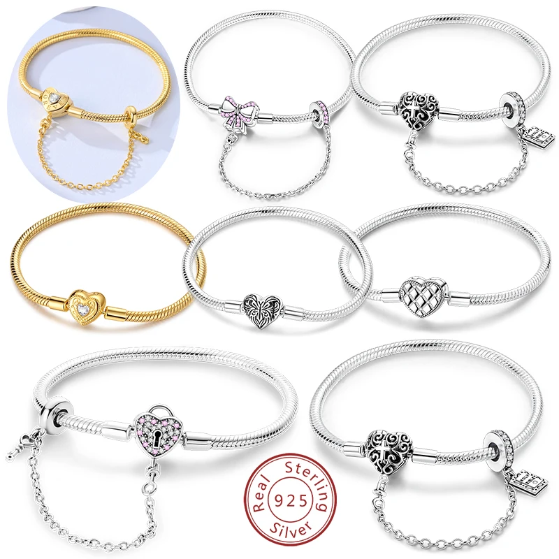 팔찌 오리지널 925 스털링 실버 참 팔찌 골드 하트 나비 안전 체인 팔찌 17-20CM 여성용 주얼리 선물