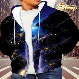 남성용 드림리 리버 프린트 후디 - 긴 소매 지퍼업, 드로스트링, 포켓, 가을 및 겨울용 캐주얼 아웃도어 재킷, 가을용