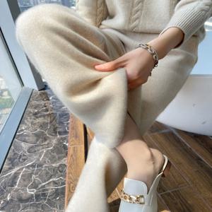 두꺼운 울 와이드 레그 팬츠 여성용 루즈핏 두꺼운 가을 겨울 스트레이트 드레이프 캐시미어 캐주얼 롱 팬츠