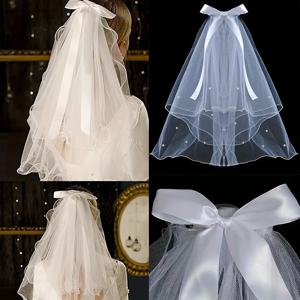 우아한 더블 보우 진주 리본 베일 - 섬세한 비즈 장식이 있는 투명한 흰색 튤, 신부, 생일, 졸업 사진에 적합