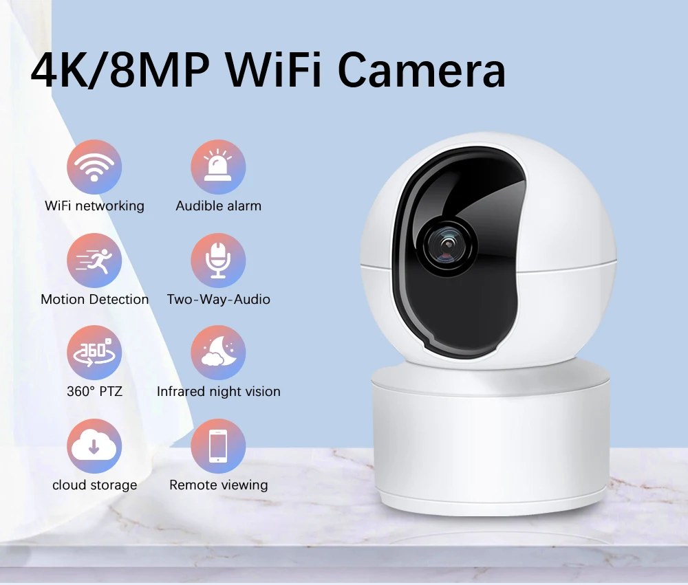 네이 8MP 4K PTZ WiFi 보안 카메라 가정용 실내 10배 디지털 줌 카메라 AI 자동 추적 CCTV 베이비 모니터