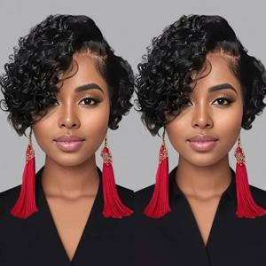 숏밥 가발 픽시컷 곱슬머리 인모 가발 여성용 블랙 컬러 13x6x1 T파트 레이스 클로저 딥 웨이브 레이스 가발 프리플럭 헤어