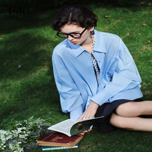 FSLE【프리미엄 시리즈】여성용 프렌치 루즈핏 코튼 셔츠 긴 소매 레이어링 탑 웹 스트랩 디테일 캐주얼 오버사이즈 블라우스