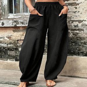 플러스 사이즈 여성용 코튼-린넨 하렘 바지 레트로 루즈핏 캐주얼 바지 신축성 있는 허리밴드 작업복 와이드 레그 바지