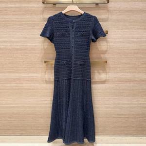 우아한 롱 웨이스트 시닝 스팽글 멀티 포켓 헤비웨이트 슬림핏 여성용 딥 로얄 블루 프렌치 스타일 드레스