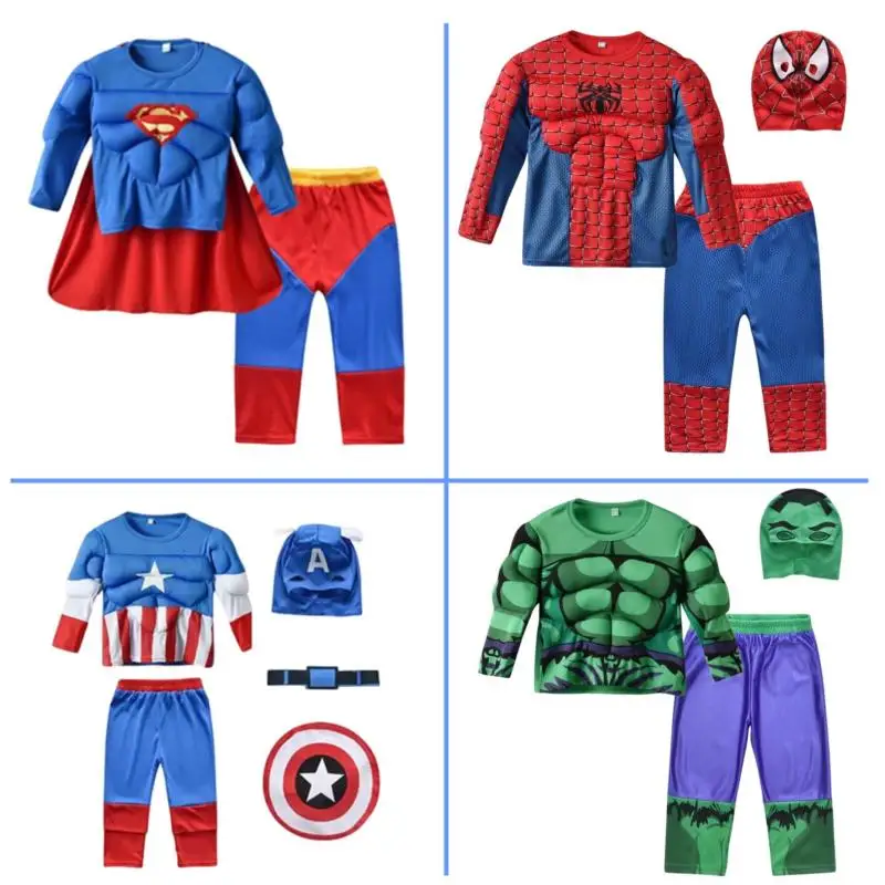 슈퍼히어로 스파이더맨 헐크 캡틴 아메리카 코스프레 의상 근육 바디슈트 분리형 점프슈트 소년 소녀 할로윈 역할극 소품