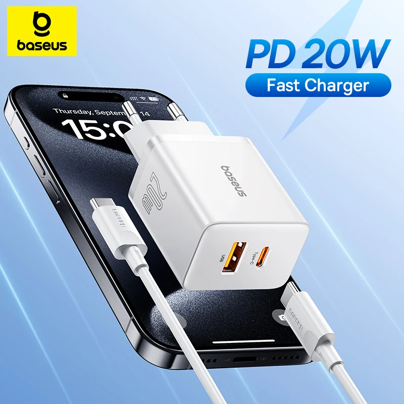 Baseus 20W USB 충전기 듀얼 충전 포트 지원 유형 C PD iPhone 15 14 13 12 Pro Max 11 8 Plus 용 고속 충전 전화 충전기