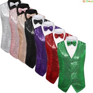 남성용 메탈릭 반짝이 슬리브리스 조끼 재킷, 싱글 브레스티드 V넥 조끼, 웨딩 파티 조끼, 레드 그린 실버