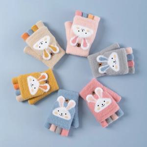 4-11세 만화 토끼 다섯 손가락 어린이 장갑 겨울 두꺼운 반손가락 플립 니트 장갑 겨울 신상 따뜻한 장갑