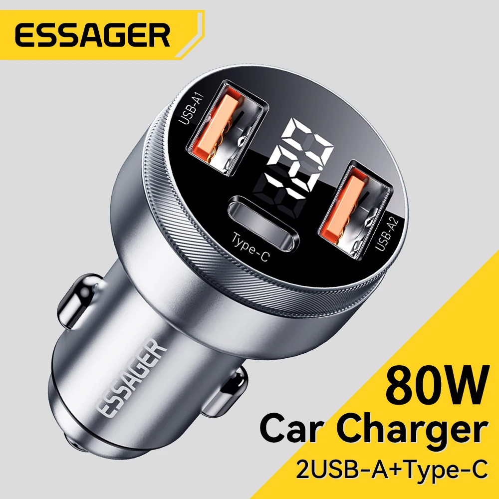 Essage 차량용 USB C타입 듀얼 포트 충전기, 아이폰 13, 샤오미, 삼성, 아이패드, 노트북, 태블릿용, PD 고속 충전, 80W