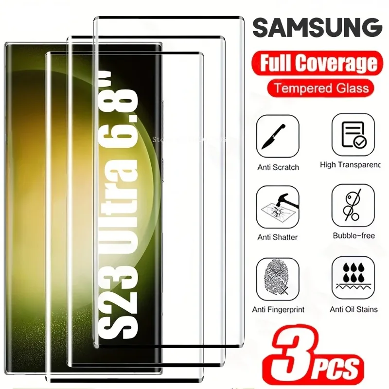 삼성 갤럭시 S23 S22 S21 울트라 S24 울트라 S9 S8 참고 20 10 3D 곡선 지문 방지 화면 보호기에 대한 3Pcs 강화 유리