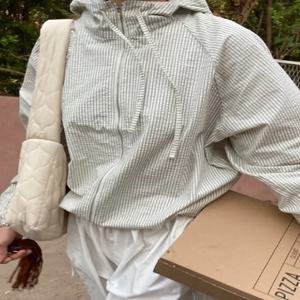 여성용 후드형 자외선 차단 재킷 루즈핏 스트라이프 드로스트링 지퍼 오픈 가디건 탑 한국 스타일 2024 신상품