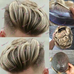 100% 인모 옴브레 허니 브라운 남성용 가발 모발 보철 시스템 자연스러운 헤어라인 내구성 있는 얇은 스킨 베이스 남성 부분 가발