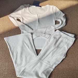 아일렛 화이트 티셔츠 바지 파자마 세트 여성 단추 긴 소매 티 + 탄성 허리 스트레이트 바지 코튼 홈 2 피스 세트 Y2k