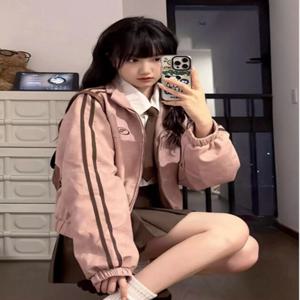 짧은 스웨이드 재킷 더블 지퍼 루즈핏 아메리칸 레트로 재킷 고등학생용 핑크 가을 겨울 여학생 아우터웨어