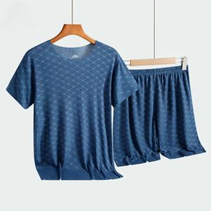 여름 남성 Loungewear 인쇄 된 얼음 실크 티셔츠 반팔 캐주얼 잠옷 크루 넥 반팔 반바지 2 피스 세트 잠옷