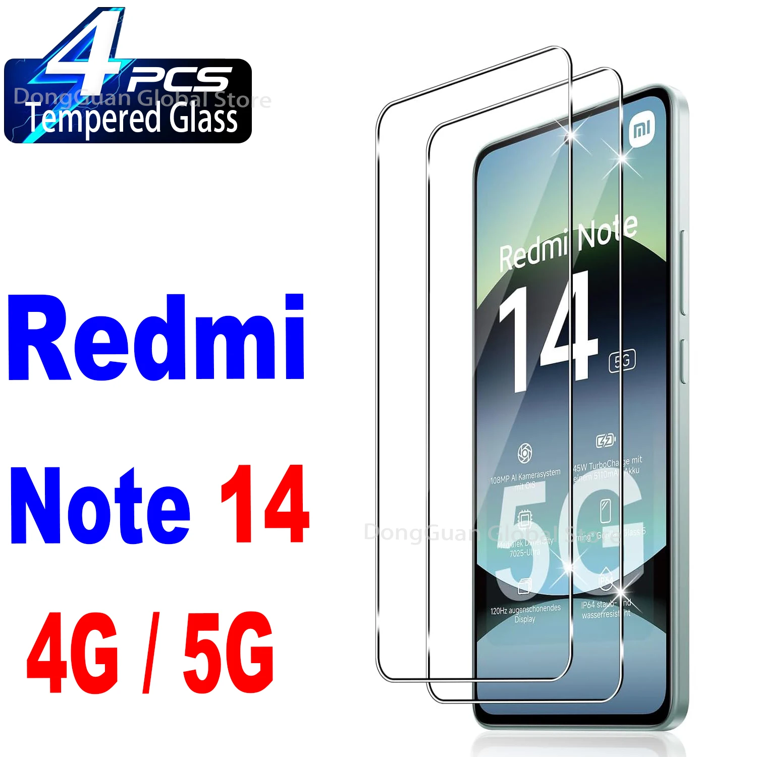 샤오미 레드미 화면 보호대 강화 유리 필름, 노트 14, 4G, 5G, 1 개