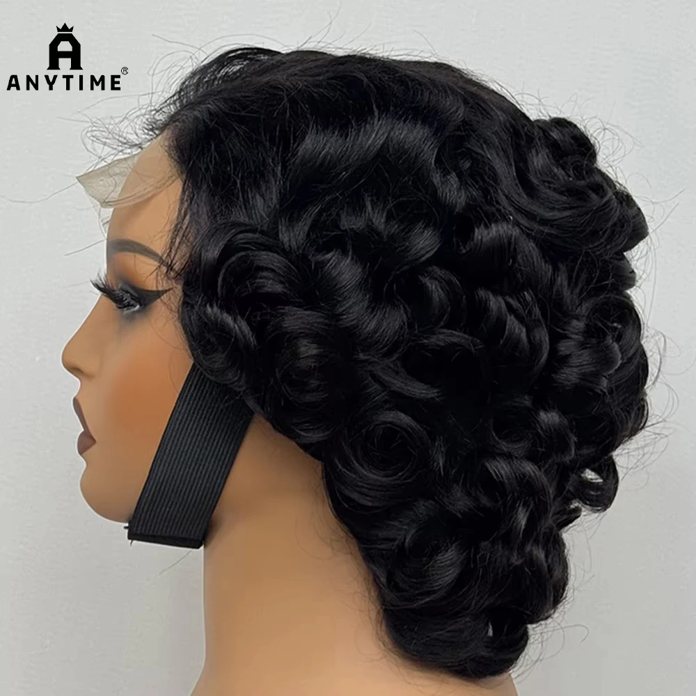 4X4 레이스 클로저 가발 짧은 탄력있는 질감 픽시 헤어 실제 인간의 머리 가발 200% 밀도 느슨한 웨이브 헤어 가발 블랙