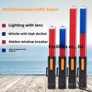 충전식 빨간색과 파란색 교통 배턴 LED 플래시 경고등 화재 글로우 스틱 자석 휘파람 비상 조명
