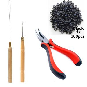 I팁 헤어 익스텐션 툴 키트 (펜치, 풀링 훅, 비드 장치 포함) 100개 5mm 마이크로 링크 링 비즈 세트 (헤어 익스텐션용)