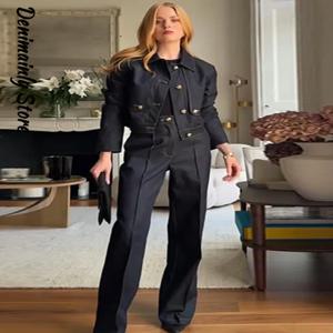 시크 데님 롱 팬츠 투피스 정장 여성 하이 스트리트 라펠 지퍼 긴팔 상의 스트레이트 루즈 팬츠 2025 가을 신상 세트