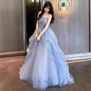 우아한 블루 스트랩리스 이브닝 가운 여성용 고급 센세이션 동화풍 메이드 드레스 복부 커버 슬리밍 프린세스 스커트