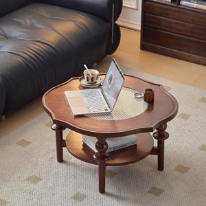 ​ ​ 빈티지 미국 라운드 커피 테이블 나무 꽃 조각 더블 레이어 강화 유리 작은 공간 거실 홈 장식 FYCT ​ ​