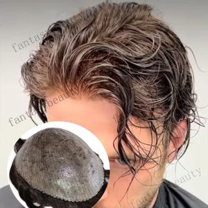 천연 헤어라인 남성용 부분 가발 30mm 웨이브/천연 스트레이트 내구성 0.1MM 폴리 브라운 # 2 그레이 1B10 HumanHair ProsthesiCapillary