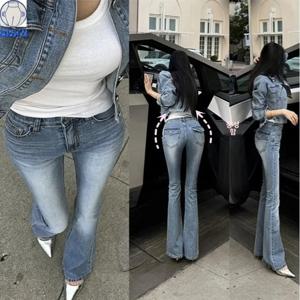 섹시한 하이 웨이스트 벨 바텀 청바지 여성용 포켓 디자인 다리 연장 효과 슬리밍 바디 쉐이프 한국 스타일 데님 바지
