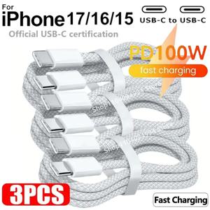 아이폰 15 16 프로용 3개입 100W USB-C to 타입 C 케이블, 화웨이 샤오미 삼성용 PD 고속 충전 케이블, 직조 데이터 케이블