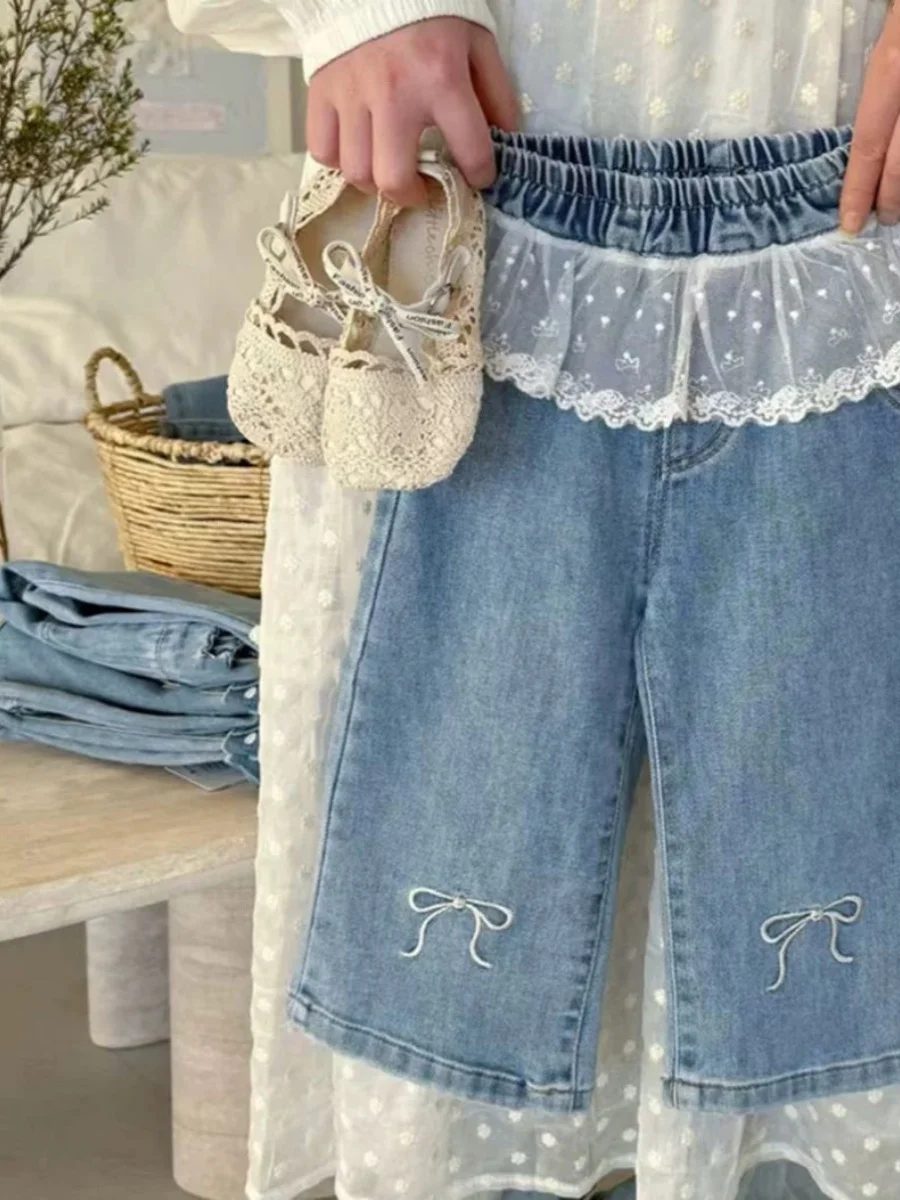 여아용 편안한 블루 데님 팬츠 봄 신상 와이드 레그 레이스 트리밍 한국 스타일 코튼 긴팔 실크 상의