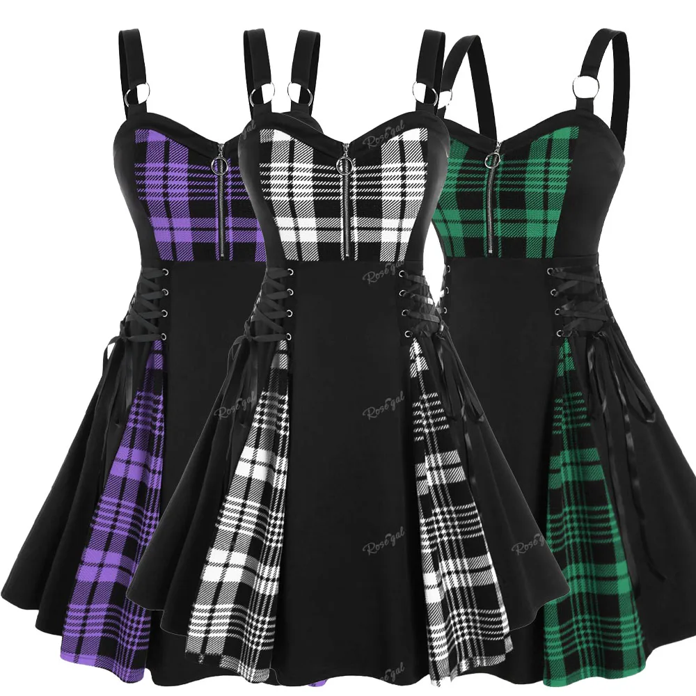 로즈갈 플러스 사이즈 레이스업 핏앤플레어 고딕 드레스 여성용 플래드 컬러블록 프린트 레이스업 하프 지퍼 패치워크 캐주얼 드레스