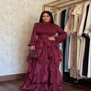 맞춤형 하이넥 프롬 드레스 2025 긴팔 우아한 웨딩 파티 드레스 A라인 러플 플리츠 정장 가운 플로어 기장